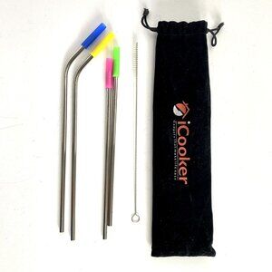 iCooker 4 Stainless Steel Straws With Silicone Tops Cleaning Brush Bag Set